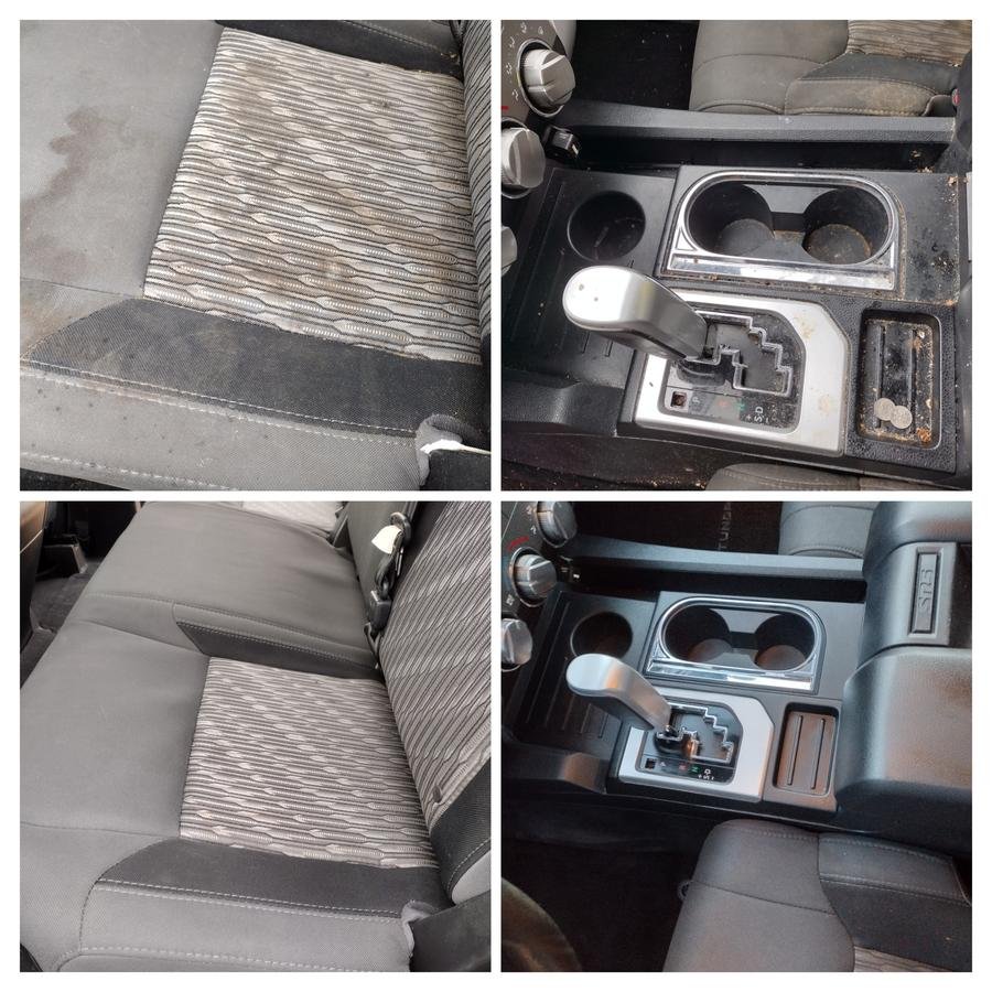 Toyota Tundra cloth seat and console detail before and after - Wichita Falls mobile detailing